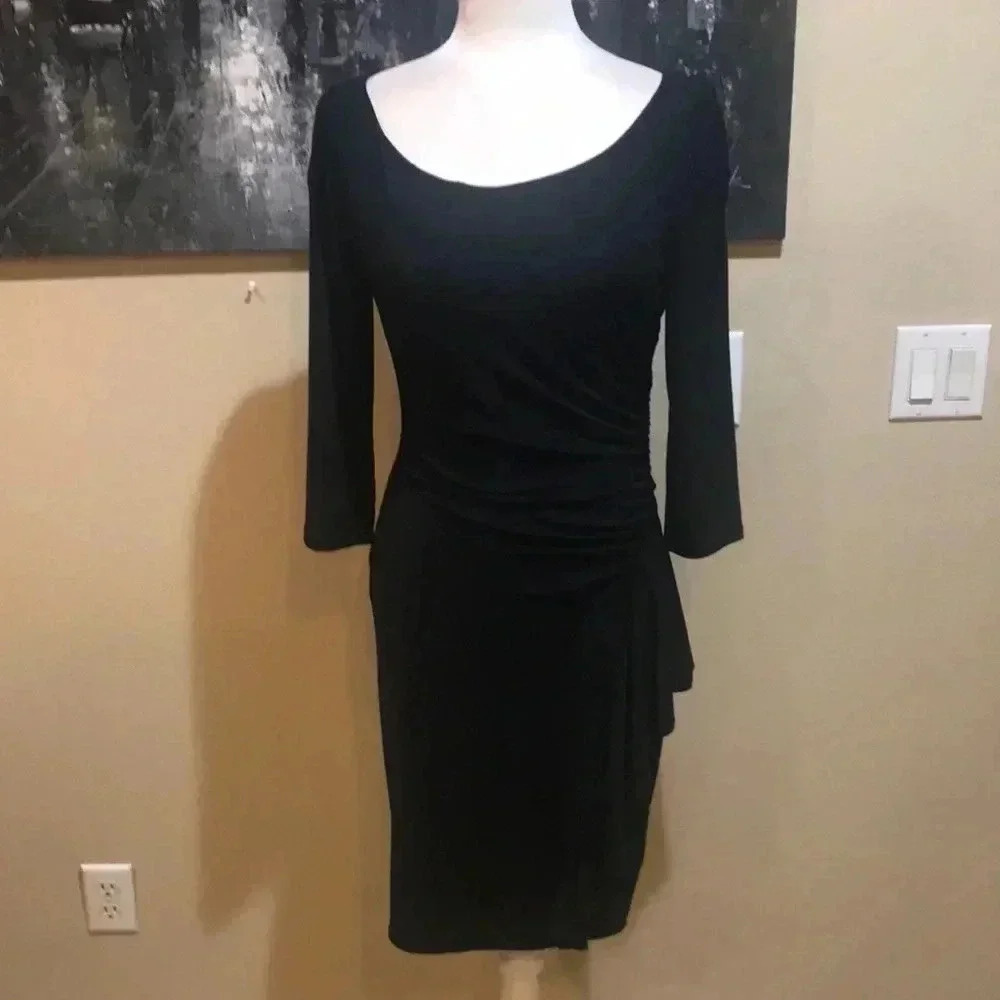 White House Black Market Elegant Black Rounded Neckline 3/4 Sleeve Dress-Size 4